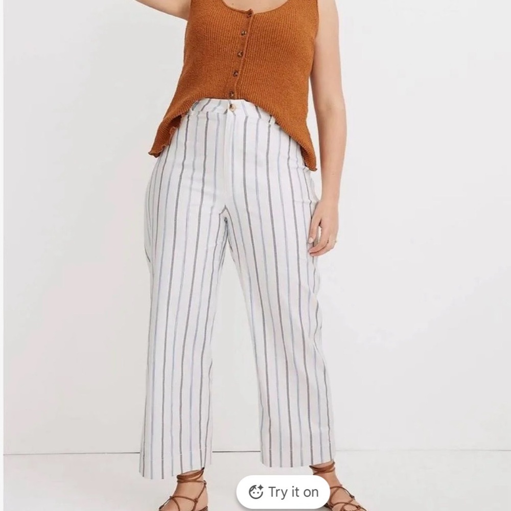 Madewell White Striped Wide-Leg Linen-Blend Pants